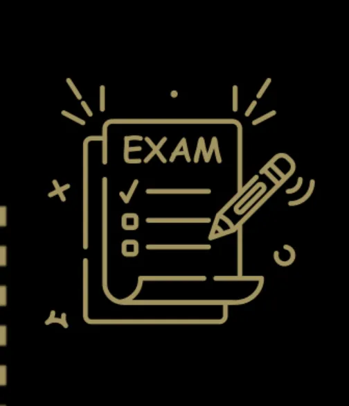 Gold line art of an exam paper with checkboxes and a pencil on a black background.