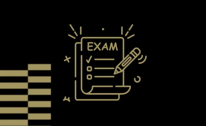 Gold line art of an exam paper with checkboxes and a pencil on a black background.