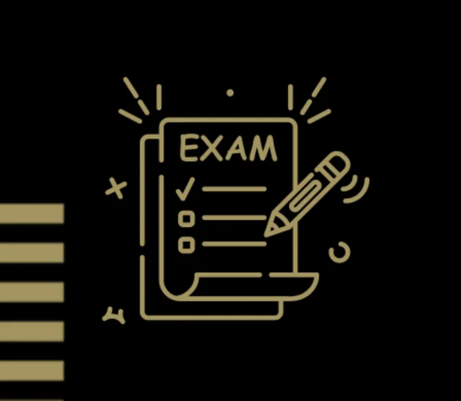 Gold line art of an exam paper with checkboxes and a pencil on a black background.