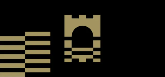 A black background features a gold, stylized castle tower logo on the right, which also forms the letters 