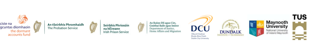 A horizontal banner displaying a series of logos for various organizations against a white background. From left to right: Dormant Accounts Fund: An orange logo with stylized swirling lines, next to text in both Irish and English: "ciste na gcuntas díomhaoin" and "the dormant accounts fund." The Probation Service: Text in Irish "An tSeirbhís Phromhaidh" and English "The Probation Service" next to a gold harp emblem. Irish Prison Service: Text in Irish "Seirbhís Phríomhsuín na hÉireann" and English "Irish Prison Service" next to a gold harp emblem. Department of Justice, Home Affairs and Migration: Text in Irish "An Roinn Dlí agus Cirt, Cuideachtaí Baile agus Imirce" and English "Department of Justice, Home Affairs and Migration" next to a gold harp emblem. DCU Dublin City University: An orange curved logo with the letters "DCU" in blue, and smaller text in Irish and English for Dublin City University. Dundalk Institute of Technology: A gold and grey crest-like logo with "DUNDALK" in bold and "INSTITUTE OF TECHNOLOGY" below it. Maynooth University: A colorful logo with a book and the words "Maynooth University" and "National University of Ireland Maynooth." TUS: A gold and black castle-like logo next to the bold black letters "TUS."