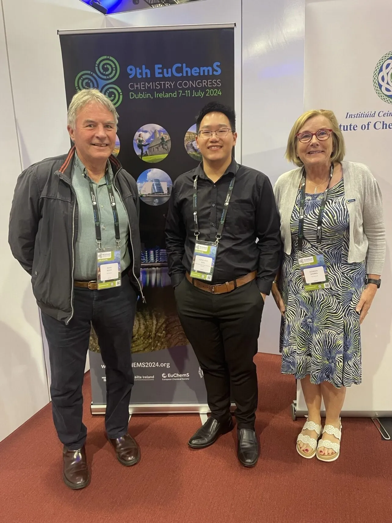 TUS PhD student Hong Ann Gan and his two supervisors Dr Noreen Morris and Dr Sean Reidy (TUS Athlone) at his poster at the at the 9th EuChemS Congress in Dublin (2024)