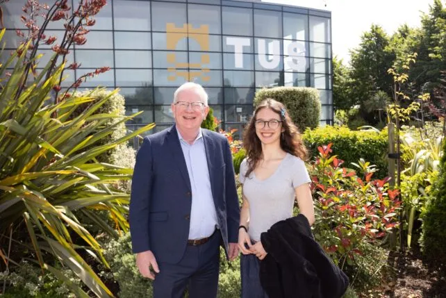 Martha Leone is joined by TUS President Professor Vincent Cunnane, outside the Millennium Theatre at the TUS Moylish Campus ahead of the World Chinese Language Championships.