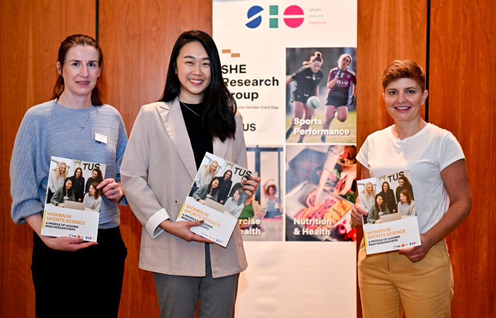 19 April 2024; In attendance during the Professional Women in Sport, Exercise, Physical Activity and Health network event are, from left, Dr Niamh Ní Chélleachair, Cherianne Taim and Dr Aoife Lane at the Farnham Estate in Cavan. Photo by Sam Barnes/Sportsfile *** NO REPRODUCTION FEE ***