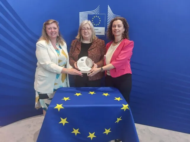 Trish Bourke, Marian Duggan and Carol Wrenn are pictured at the European Commission Gender Equality Awards 2024, accepting the award of EU Newcomer Gender Equality Champion on behalf of TUS.