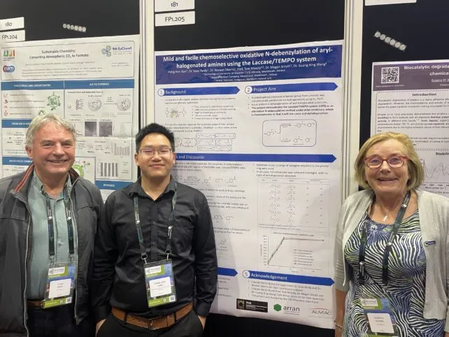 Hong Ann Gan and his two supervisors Dr Noreen Morris and Dr Sean Reidy (TUS Athlone) at his poster at the Conference The 9th Eu Chem Sc Congress in the Convention Centre, Dublin (July 7th to 11th) (2000 delegates from around Europe and the US) including staff and postgrad research students from all leading Chemical/ Pharmaceutical industries and the Universities across Europe.