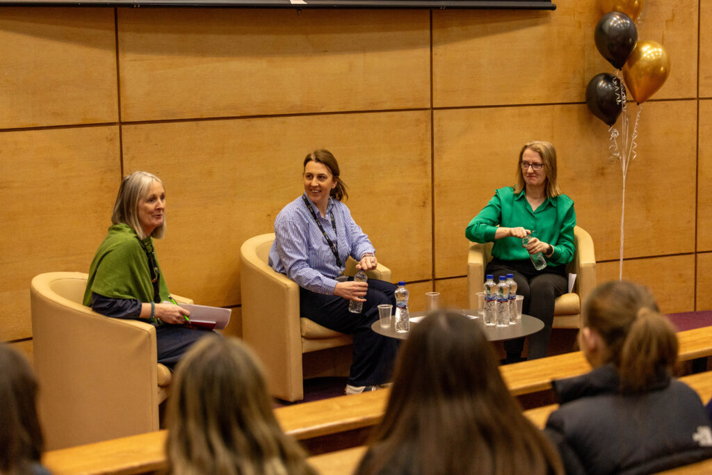 90 second level students across the Midlands listen to a fire-side chat style panel with Lorna Walsh, director of  Research Support Services, TUS; Katherine Larkin, a lecturer in technology education, and Catherine Collins of First Polymer Training Skillnet. Photo: Nathan Cafolla