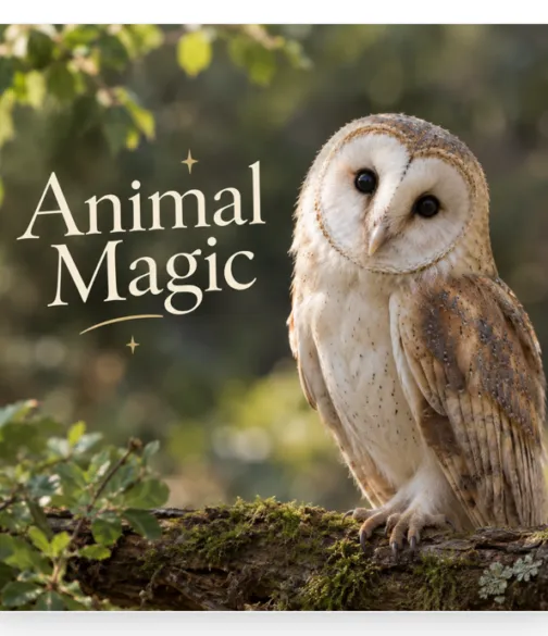 “Animal Magic” graphic featuring a barn owl perched on a moss-covered branch in a leafy woodland setting.