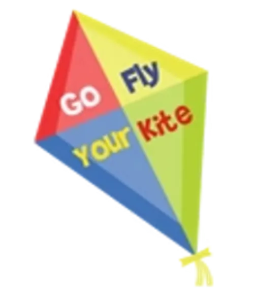 Colourful diamond-shaped kite with the words “Go Fly Your Kite” in red, yellow, blue and green panels, with a yellow tail.