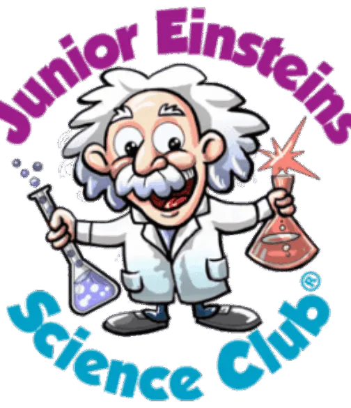 Cartoon logo for the Junior Einstein Science Club, featuring a smiling, white-haired scientist holding bubbling laboratory flasks, with colourful lettering above and below.