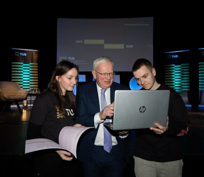 Prof Vincent Cunnane with students at the launch of the TUS Strategic Plan 2023 - 2026