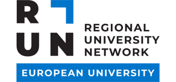A logo for the "RUN Regional University Network European University." The letters "R" and "UN" are stacked vertically in bold black sans-serif font on the left. The "R" has a blue square bracket design extending from its top right corner. To the right of "RUN," the words "REGIONAL UNIVERSITY NETWORK" are stacked vertically in black text. Below this, a blue rectangular banner contains the words "EUROPEAN UNIVERSITY" in white, sans-serif capital letters.