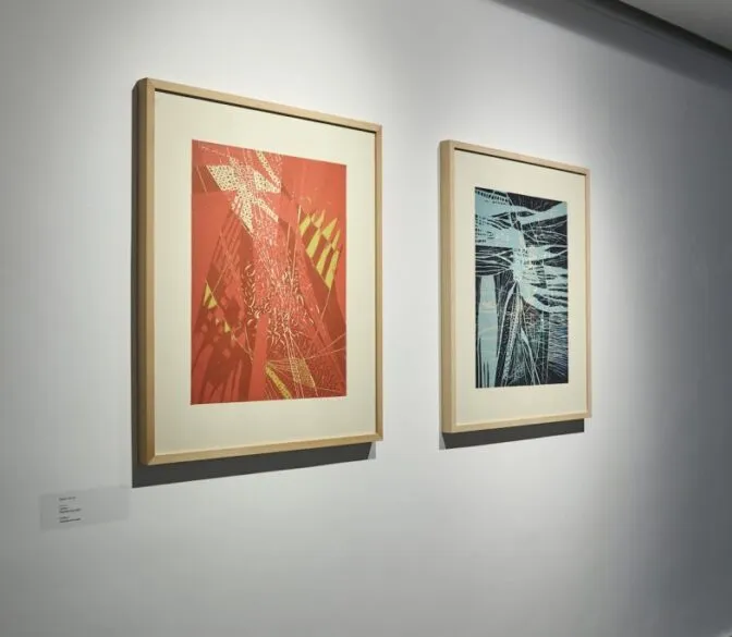 Two framed artworks hang on a white wall in what appears to be an art gallery. Both frames are light-colored wood. The artwork on the left is a vertical rectangular print with a predominantly red background. It features complex patterns and lines in yellow and white, suggesting an abstract or architectural subject. The artwork on the right is also a vertical rectangular print, with a darker background, possibly dark blue or black. It displays intricate, intersecting lines and shapes primarily in light blue and white, creating a sense of depth or movement. Below the left artwork, a small white label with black text is visible, likely containing information about the piece. The lighting in the room highlights the artworks and the wall, with a darker area visible on the right side of the image.