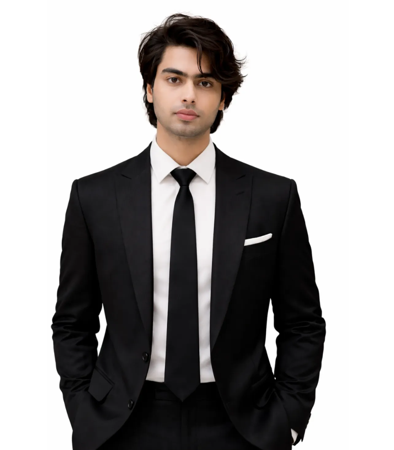 A young man with dark, wavy hair and a light complexion stands facing the camera with a neutral expression. He is wearing a formal black suit, a white dress shirt, and a black tie. A white pocket square is visible in his left breast pocket. His hands are in his pockets. The background is plain white.