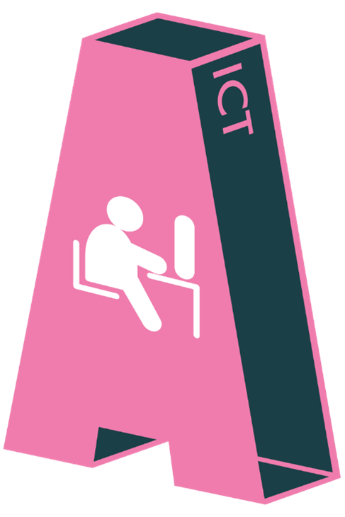 A stylized, three-dimensional letter "A" rendered in pink and dark teal, set against a transparent background. The front face of the "A" is pink and features a white outline icon of a person sitting at a desk with a computer monitor. The right side of the "A" is dark teal and has the word "ICT" written vertically in pink capital letters.