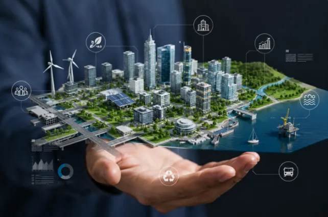 A person's hand, extended palm-upwards, holds a detailed miniature 3D model of a sustainable smart city. The model features various elements: modern skyscrapers, green spaces, solar panels, roads, bridges, and wind turbines. The city model extends to a coastline with water, a boat, and an offshore oil rig. Floating around the city model are several glowing white holographic icons representing different aspects of sustainability and urban planning: A leaf for nature/ecology. A building for urban infrastructure. A graph for economic growth. Water waves for water management. A bus for public transportation. A recycling symbol for waste management. People icons for community. The background is dark and blurred, emphasizing the glowing city model and its interconnected icons.