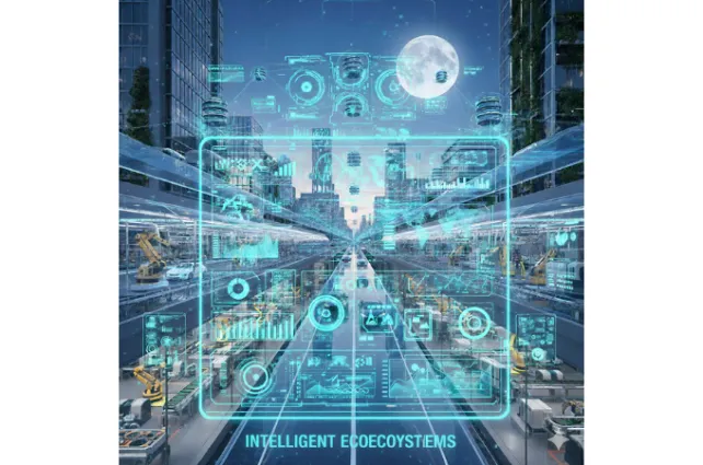 A futuristic cityscape at dusk or night, dominated by tall buildings with some greenery on their facades, under a large, glowing full moon. The entire scene is overlaid with an intricate blue holographic interface, displaying various charts, graphs, data points, and technological readouts. The city appears to have an advanced, automated infrastructure with long, straight avenues or production lines where robotic arms and machinery are visible on either side. Small, sleek vehicles or drones are seen in the air and on the ground. The holographic elements highlight different aspects of this technological ecosystem, suggesting data flow and control. At the bottom of the image, the words 