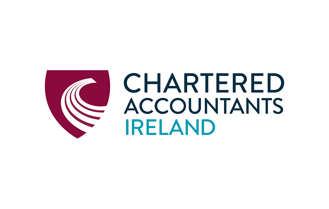 A logo for "CHARTERED ACCOUNTANTS IRELAND" on a white background. On the left, there is a shield-shaped emblem in a deep red color with stylized white curved lines that resemble a pathway or a sweeping motion. To the right of the emblem, the words "CHARTERED ACCOUNTANTS" are stacked in bold, dark blue capital letters. Below this, the word "IRELAND" is written in a lighter blue, bold capital letters.