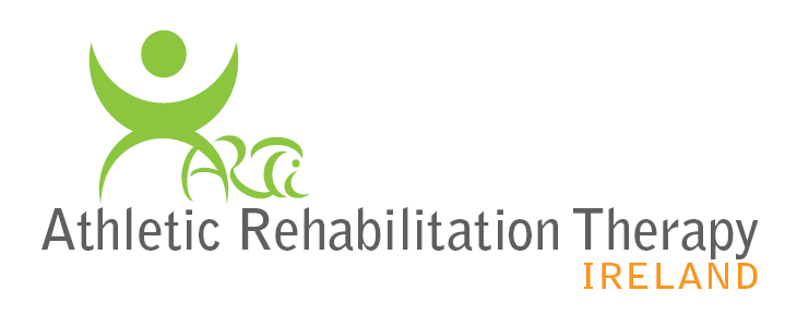 A logo for "Athletic Rehabilitation Therapy IRELAND" on a white background. On the left, there is a stylized lime green icon resembling a person with outstretched arms, forming an "X" shape. Below this figure, the letters "ARTI" are subtly integrated into the design in a lighter green. To the right of the icon, the words "Athletic Rehabilitation Therapy" are written in dark grey text. Below this, the word "IRELAND" is prominently displayed in orange.