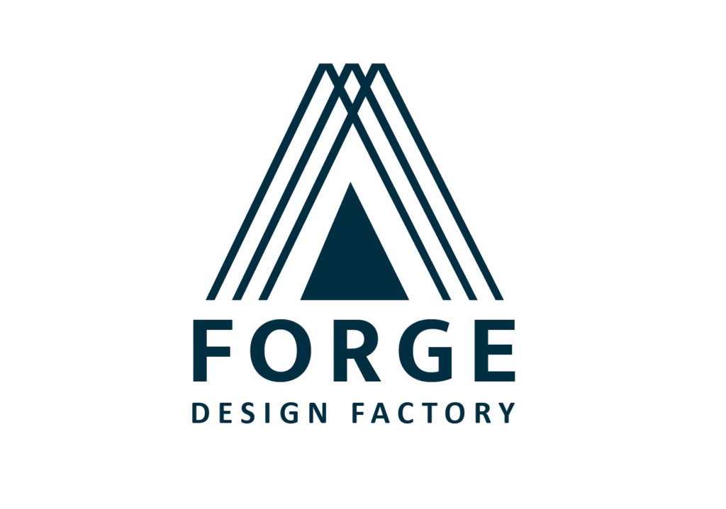 A logo for "FORGE DESIGN FACTORY" on a white background. The graphic element is an abstract representation of the letter "A" or a triangular shape. It consists of a solid dark blue triangle in the center, flanked by two sets of three parallel dark blue lines on either side, all forming an upward-pointing peak. Below this graphic, the word "FORGE" is written in large, bold, dark blue capital letters. Underneath "FORGE," the words "DESIGN FACTORY" are in smaller, dark blue capital letters.